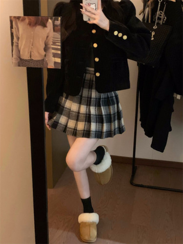 Real shot plaid woolen skirt autumn and winter retro plaid high waist hip skirt A-line skirt pleated skirt for women