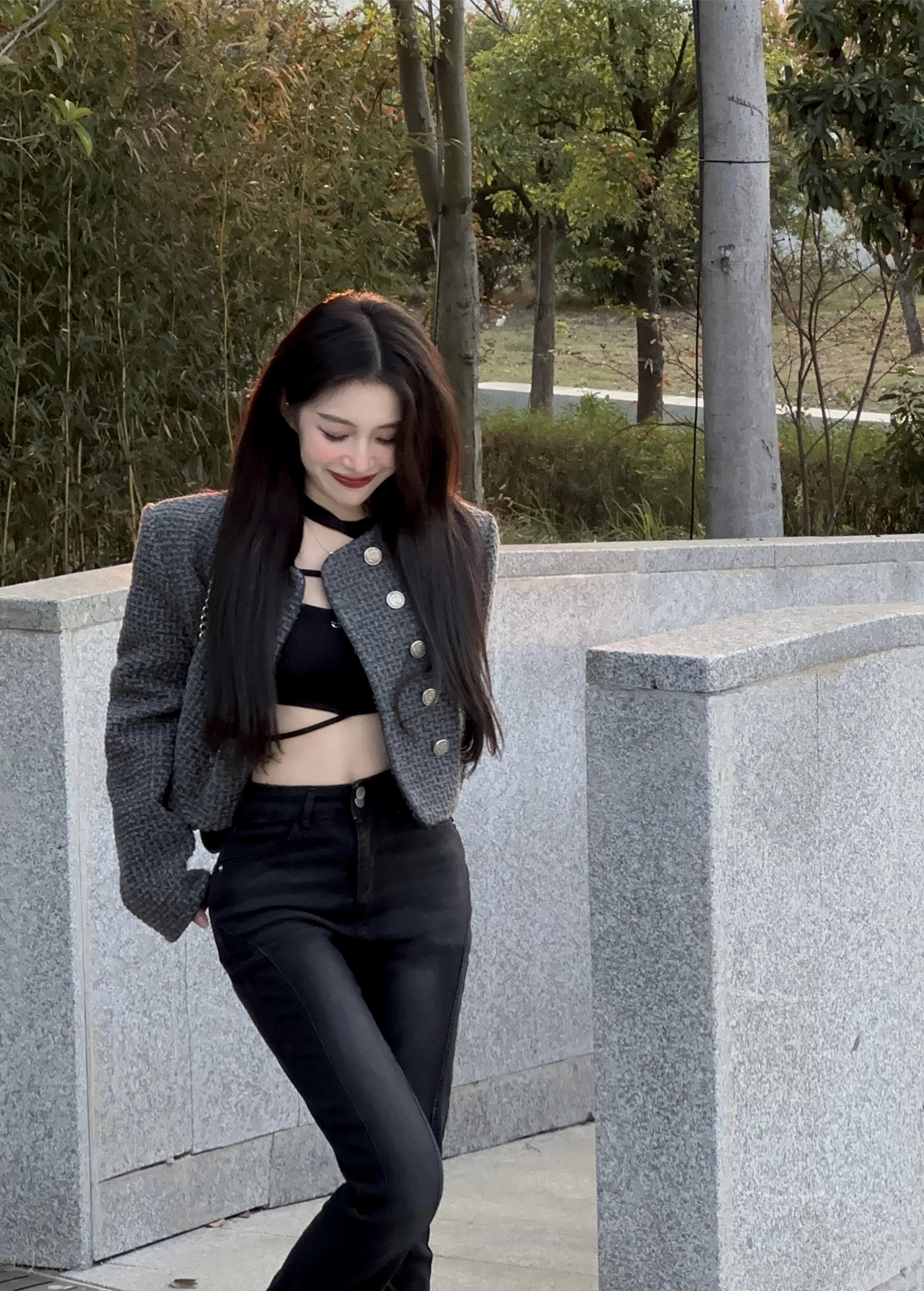 Actual shot of retro striped short style jacket for women in autumn and winter, French ladylike temperament and high-end sense top