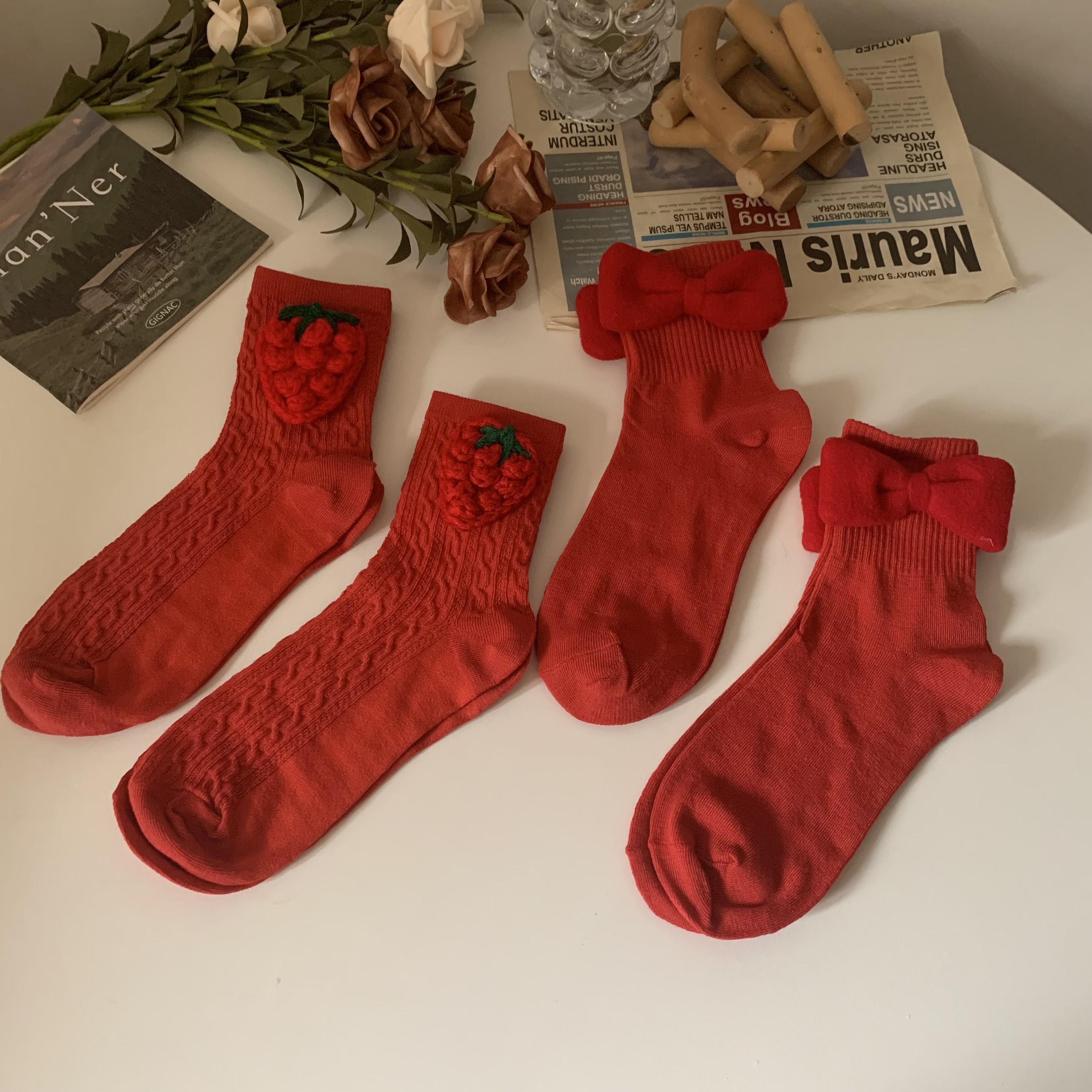 Real shot of red socks for women Japanese style sweet and cute strawberry bow big red mid-calf socks for New Year trend