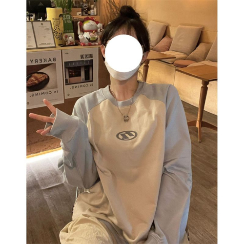 Matte Chinese cotton thin/thick shoulder collar, matching color printing, contrasting color splicing round neck sweatshirt