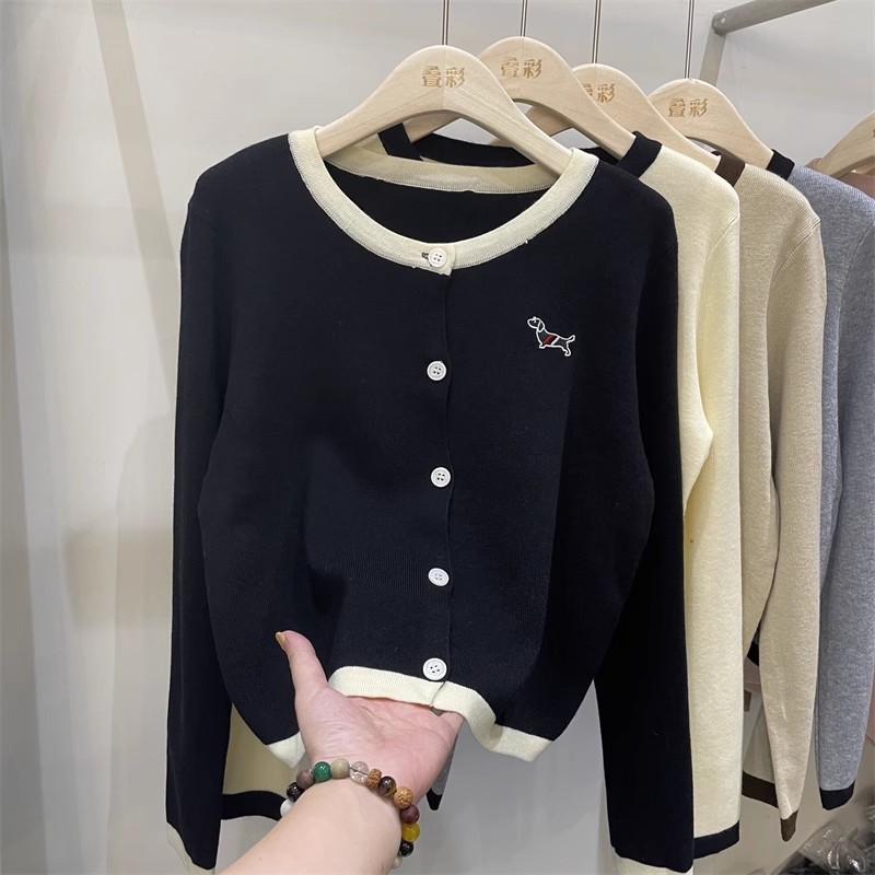韓系小狗刺繡早秋長袖針織開衫2023新款撞色高質感寬鬆短款上衣女