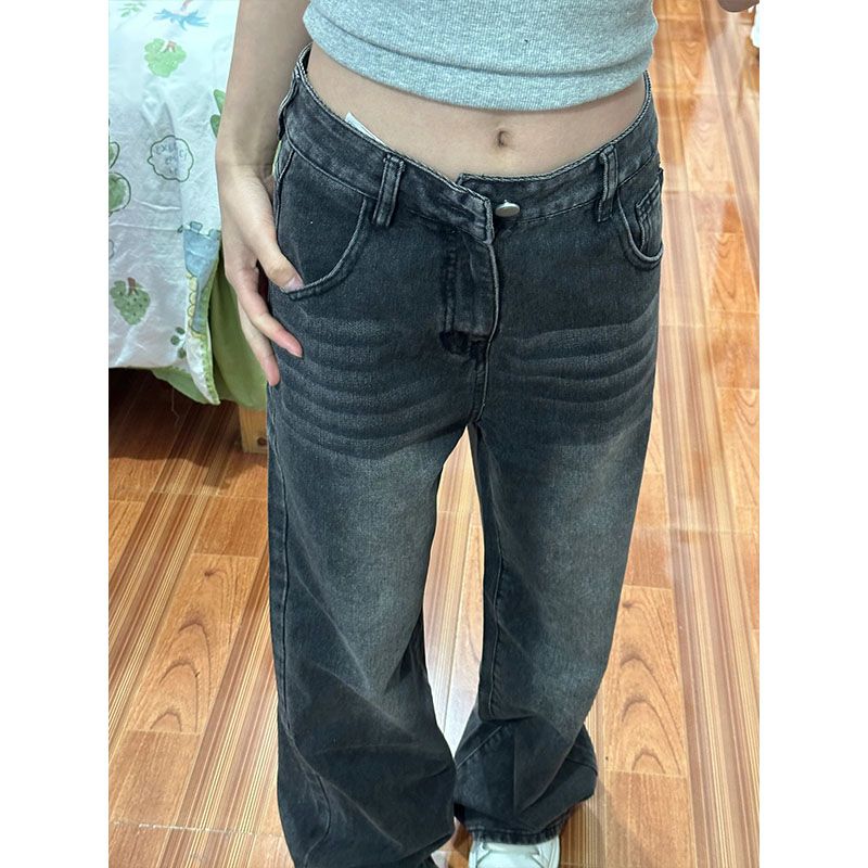 復古百搭牛仔褲女秋季2023年新款高腰顯高顯瘦寬鬆窄版直筒褲子