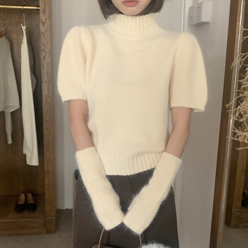 實拍 溫柔甜美 軟糯半高領泡泡袖毛衣 配袖套 別致上衣針織衫