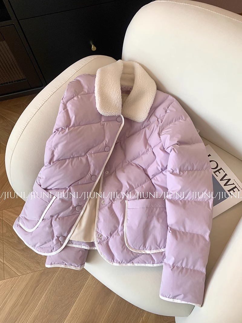 韓系復古羊羔毛拼接菱格夾棉棉服外套女秋冬甜美百搭減齡保暖棉衣