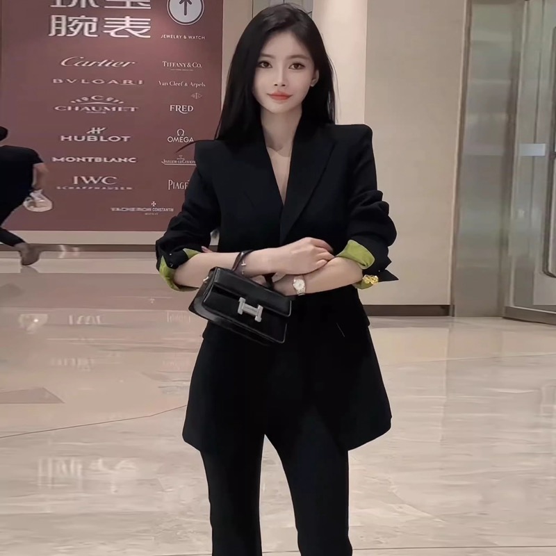 2024春秋新款女裝赫本風高級感黑色西裝正裝職業兩件套裝簡約