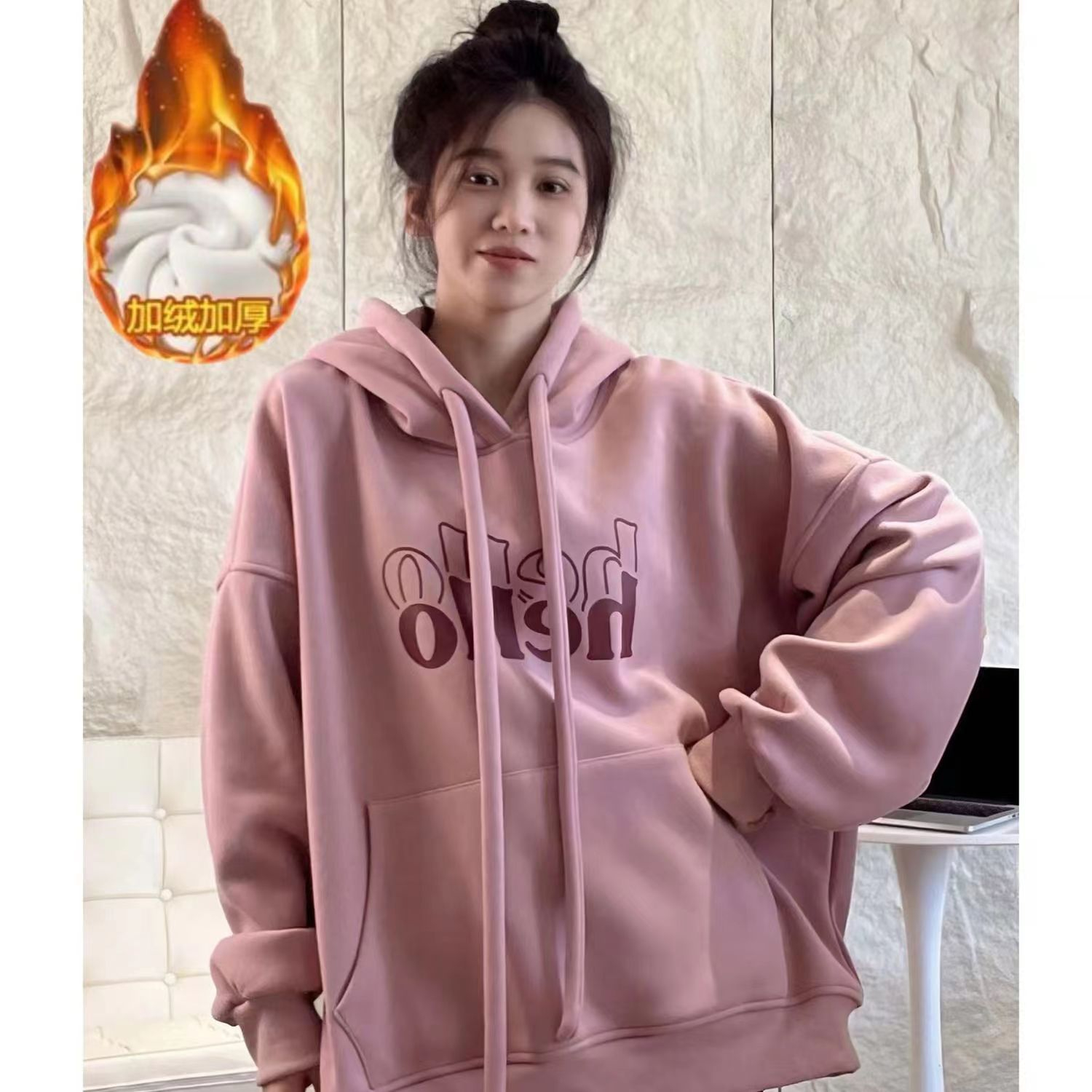 oversize衛衣女冬季新款加絨加厚字母印花外套中長款保暖連帽上衣