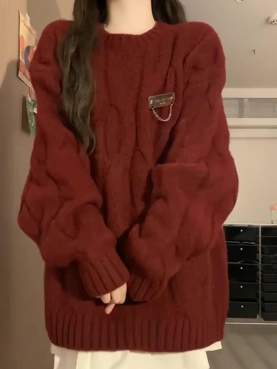 聖誕新年紅色毛衣女秋冬2024龍年本命年過年衣服復古寬鬆慵懶外套