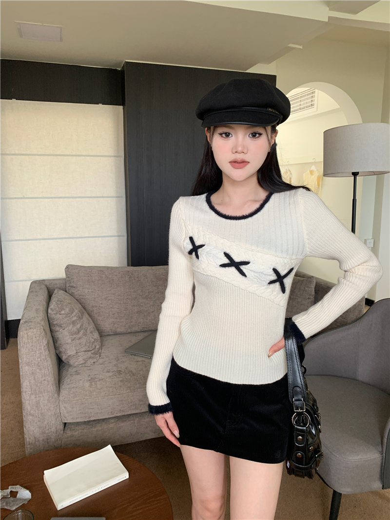 實拍 奶糕少女復古設計感修身內搭毛衣針織衫