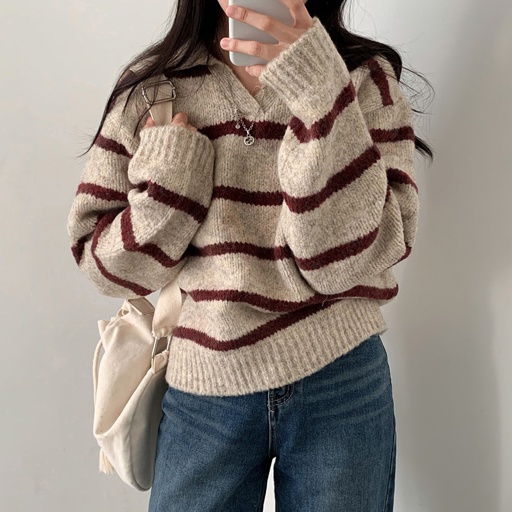Korean chic lapel slim striped sweater long sleeve loose knitted top for women