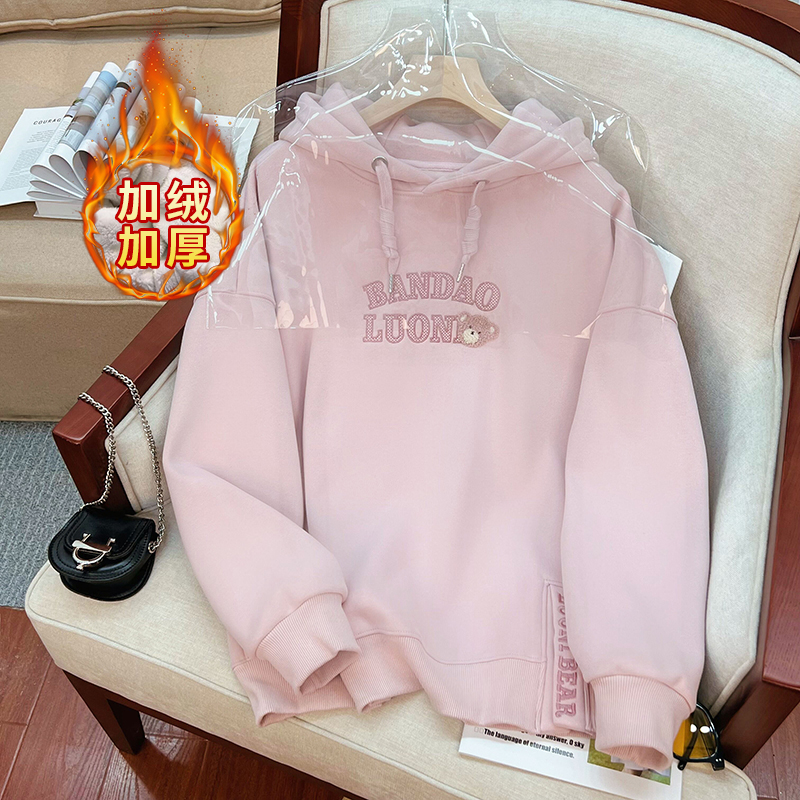 實拍華棉複合羊駝絨加絨加厚420克衛衣女秋冬潮保暖上衣大碼女裝