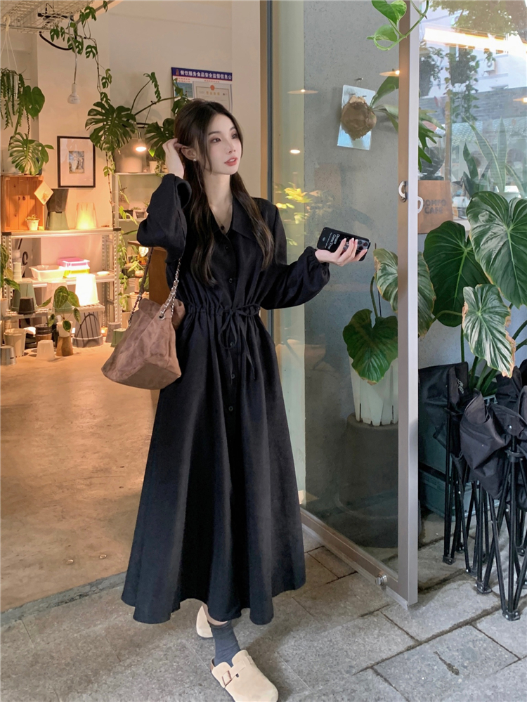 Real shot French cold style design long-sleeved a-line dress for women autumn and winter temperament waist slimming skirt