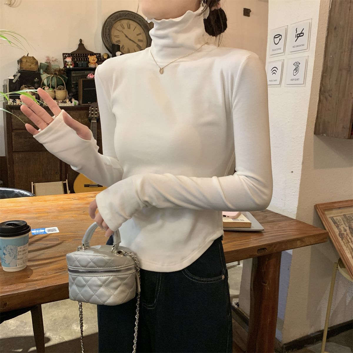Actual shot of autumn and winter Korean style pile collar slim fit thunderbolt sleeves solid color velvet warm T-shirt top