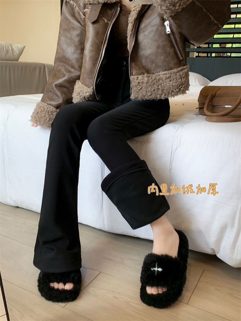 實拍！！黑色加絨加厚微喇叭休閒褲女秋冬緊身彈力高腰拖地褲
