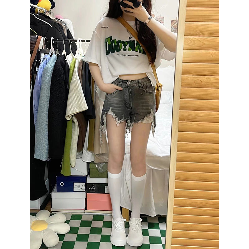 設計感辣妹毛邊破洞高腰牛仔短褲女小個子夏季高腰顯瘦a字熱褲潮