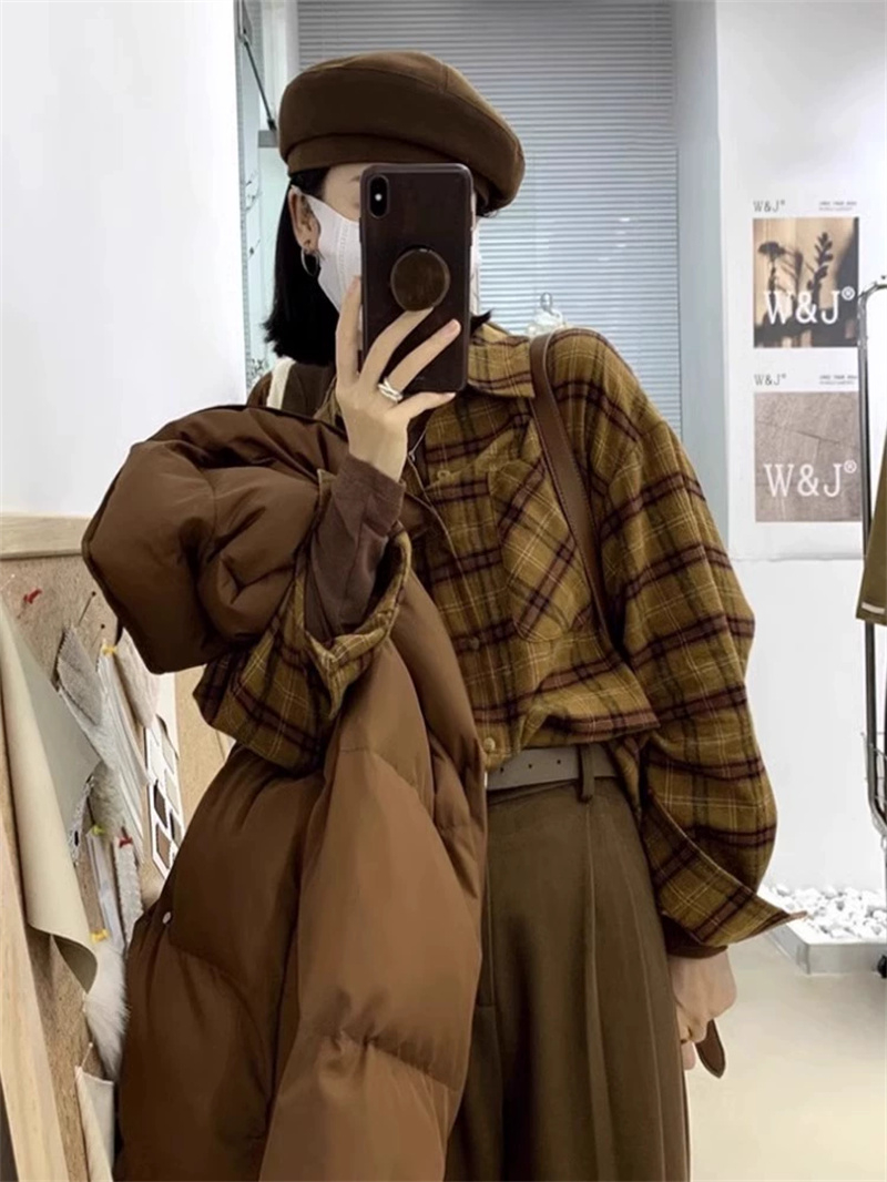 美式復古格子襯衫女秋冬季2023新款外穿寬鬆慵懶內搭襯衣外套