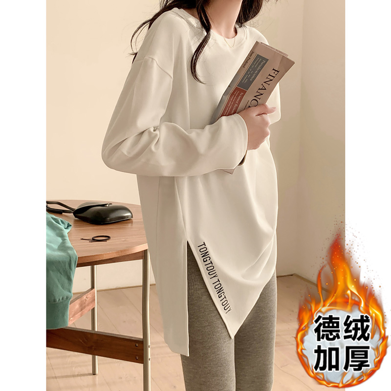 實拍開叉字母刺繡設計感德絨加厚長袖T恤女秋冬中長款打底衫