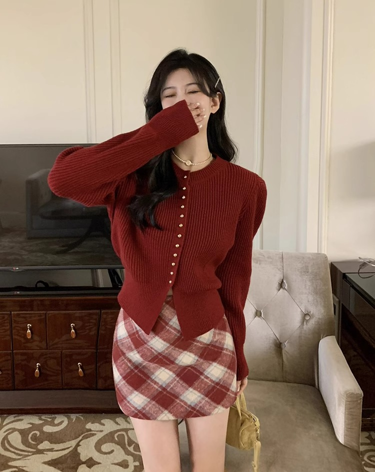 包芯紗法式復古長袖針織女小眾紅色氣質短款開衫上衣