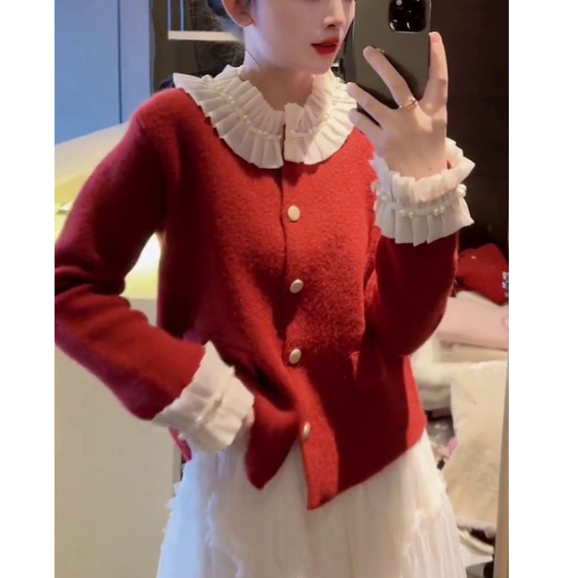 法式紅色小香風拼接木耳花邊毛衣女秋冬加厚氣質洋氣針織開衫外套