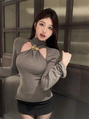 Actual shot of Pure Desire Hollow Small Sexy Halter Neck Slimming Long Sleeve T-Shirt Top for Women