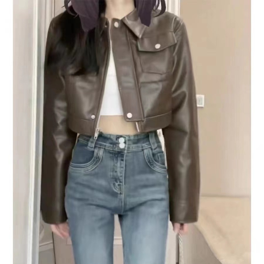 Hong Kong style sweet and cool hot girl style coffee color short leather jacket 2023 autumn and winter new design loose jacket top