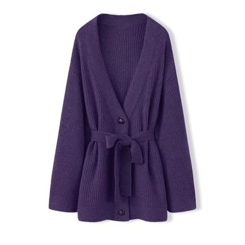 慵懒宽松紫色针织毛衣开衫女秋冬收腰显瘦针织连衣裙两件套装
