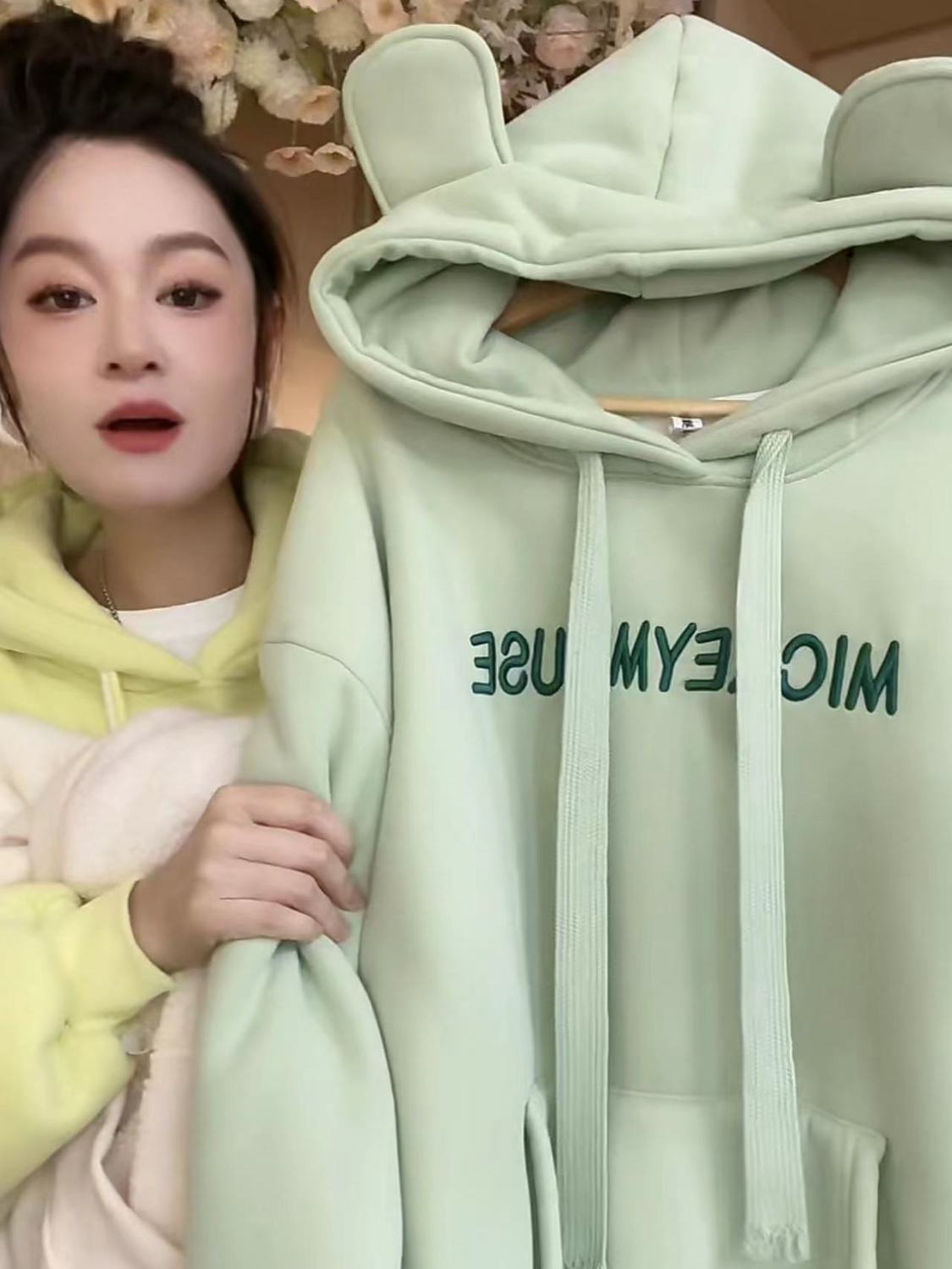 品牌外貿~剪標尾貨加絨加厚綠色衛衣女秋冬寬鬆顯瘦連帽保暖外套