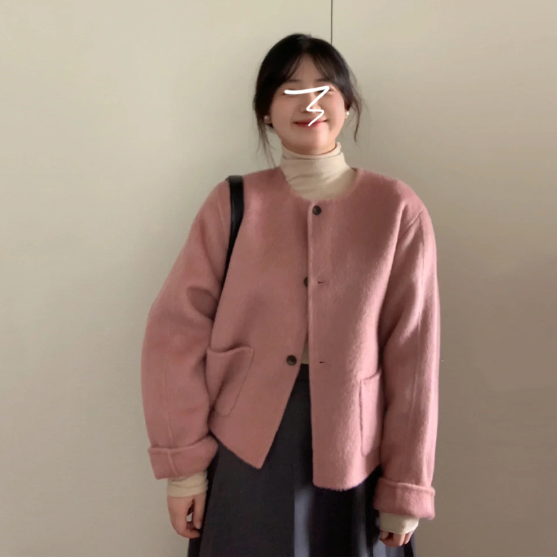 粉色外套女秋冬季2023新款小個子香風洋氣毛呢大衣短款厚上衣