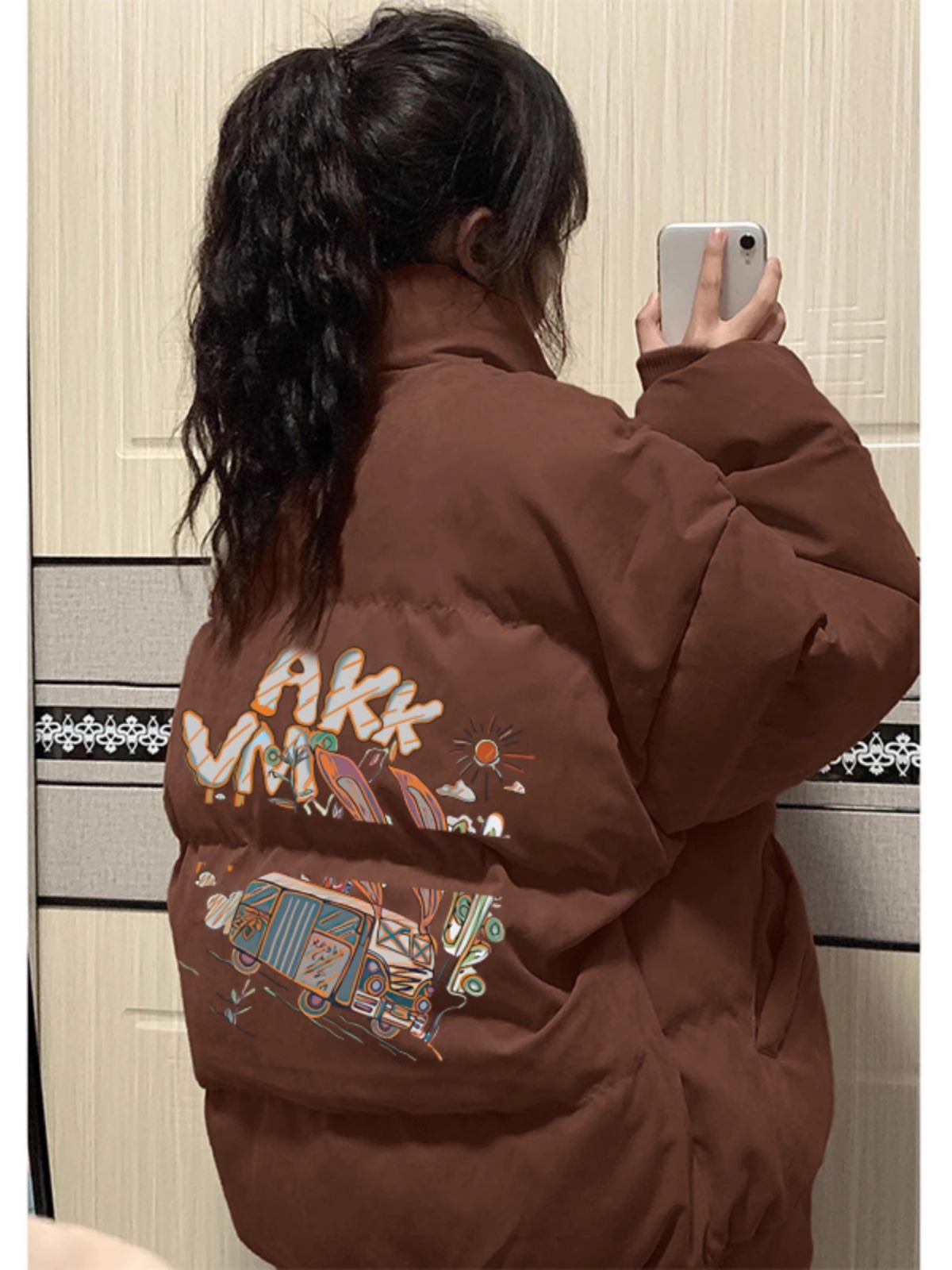 高品質手塞棉加厚冬季新款棉服寬鬆印花棉衣麵包服女