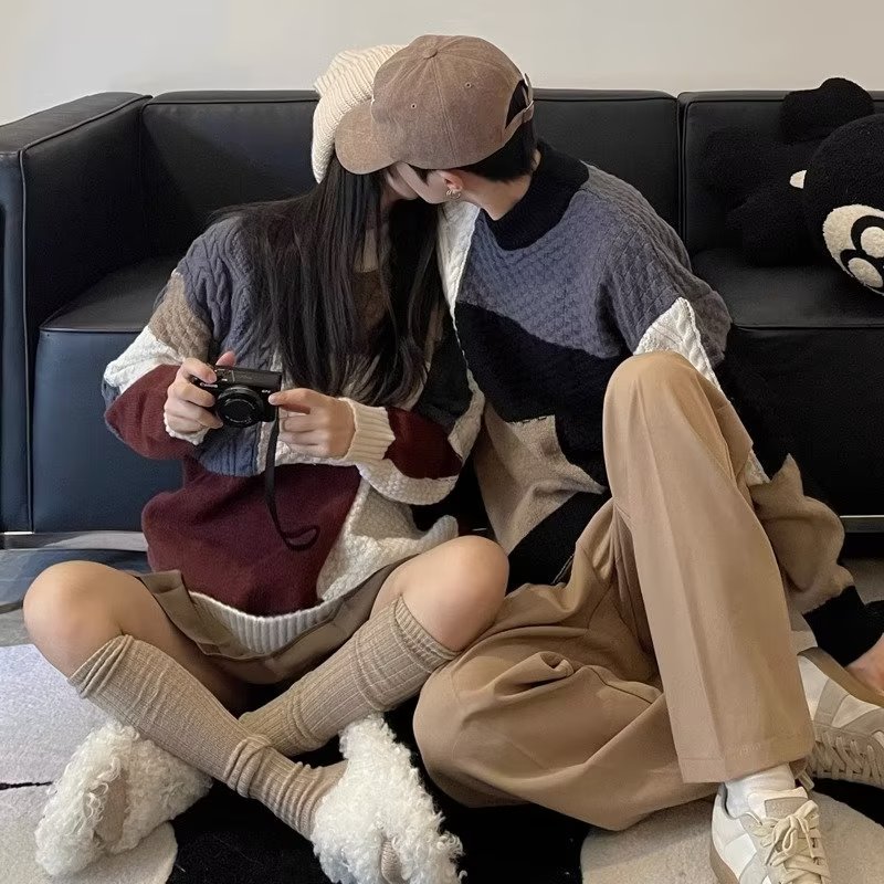美式復古毛衣女秋冬寬鬆百搭圓領慵懶風日系軟糯撞色情侶針織衫潮
