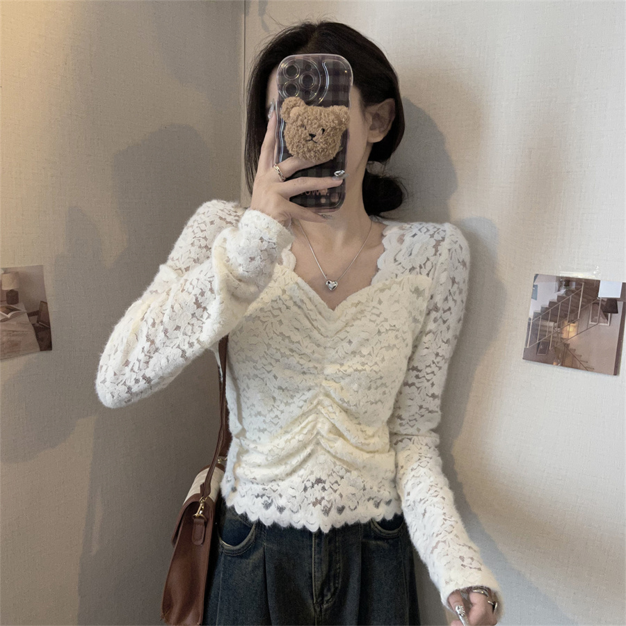 實拍白色蕾絲打底衫女秋冬季褶皺緊身內搭長袖T恤上衣