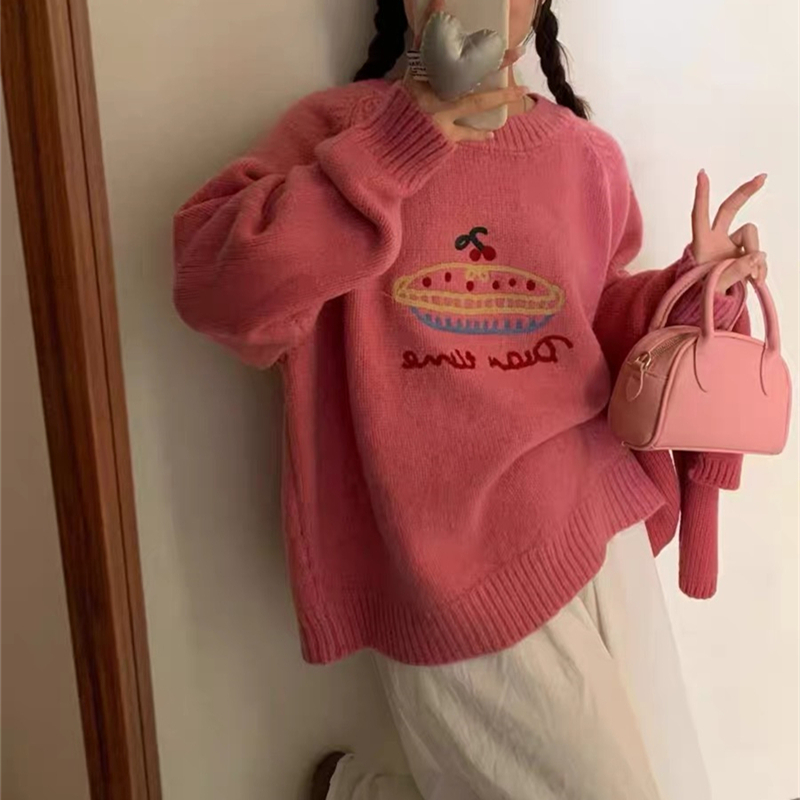 韓系穿搭超好看的慵懶風毛衣女秋冬2023新款寬鬆可愛刺繡卡通上衣
