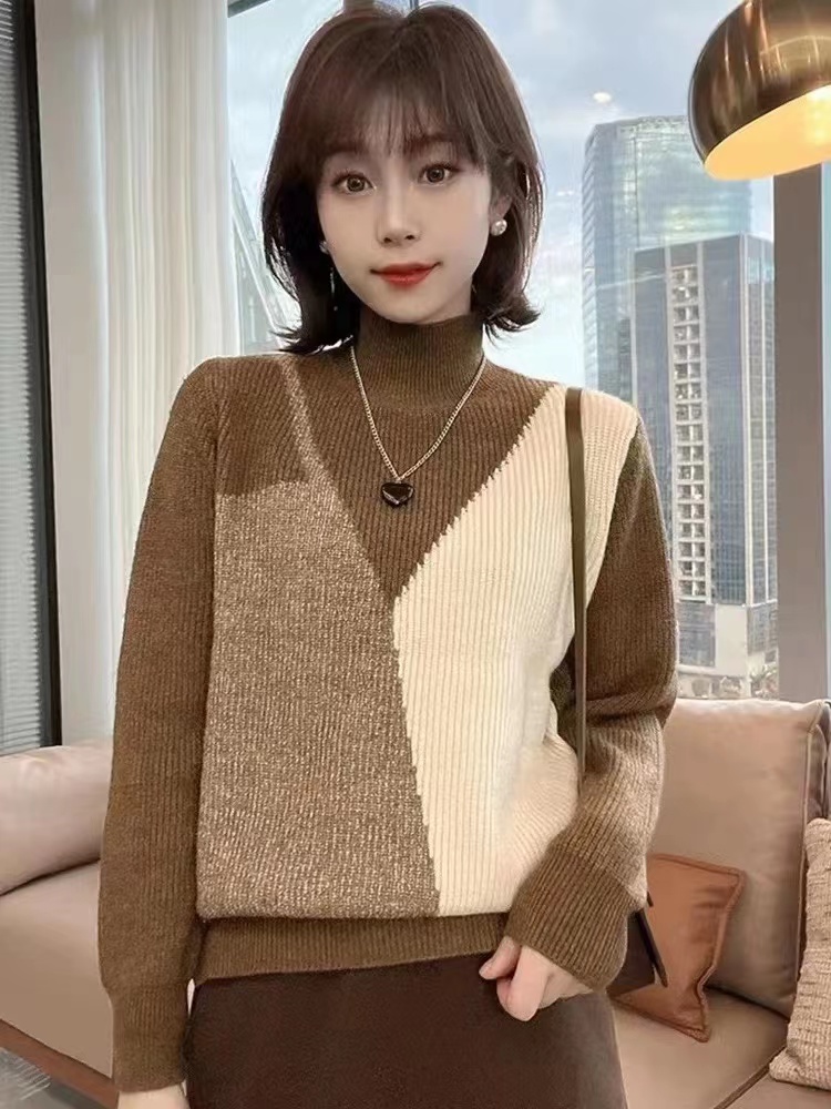拼色假兩件毛衣女秋冬新款設計感半高領長袖拼接針織衫套頭打底衫