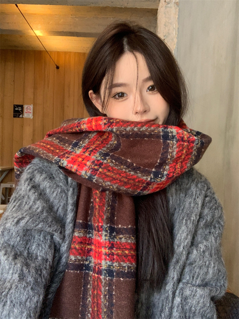 實拍  美拉德高級感格子圍巾女冬季加厚保暖百搭防寒圍脖