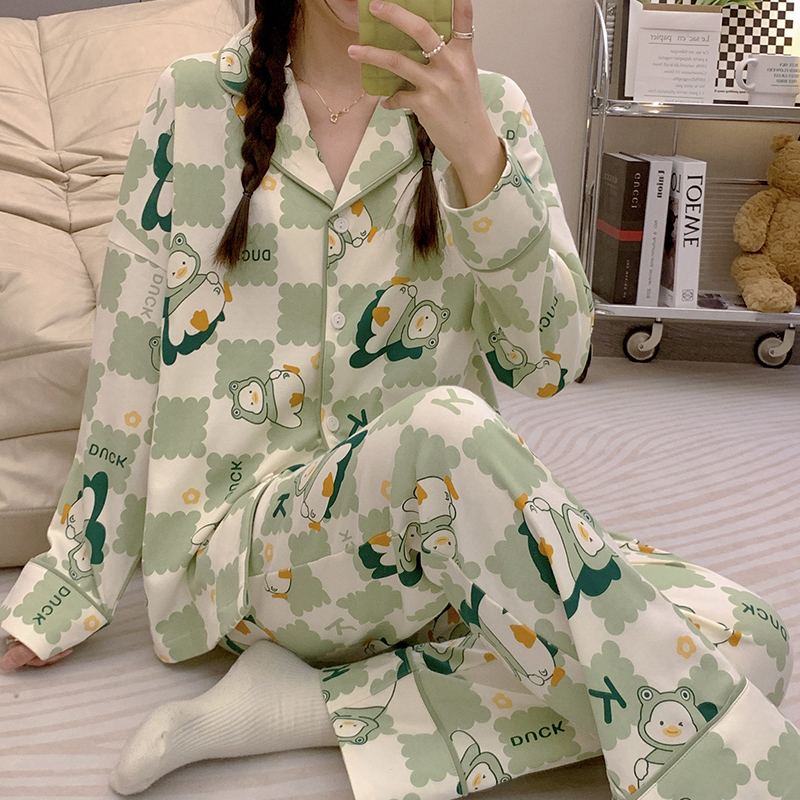 艾尚春秋長袖翻領開衫睡衣女款可愛少女卡通甜美家居服套裝