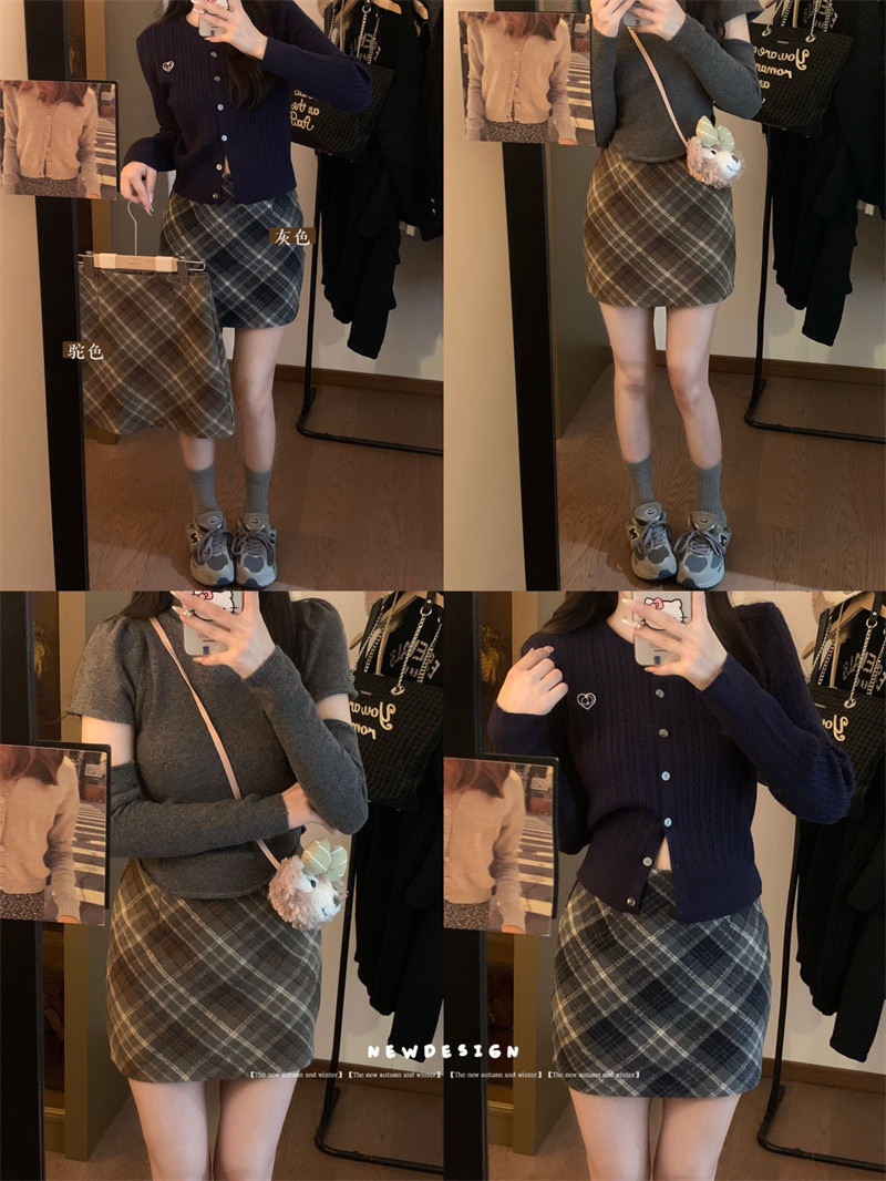 Real shot plaid woolen A-line skirt for women autumn and winter 2023 hip-covering skirt small high-waisted slimming short skirt