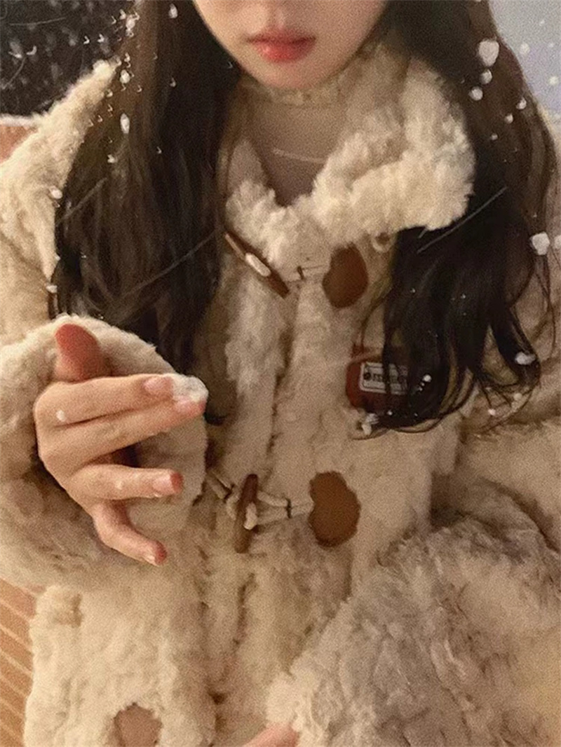 奶fufu羊羔毛外套女冬季加厚奶甜小個子可愛茶歇溫柔風牛角扣棉服