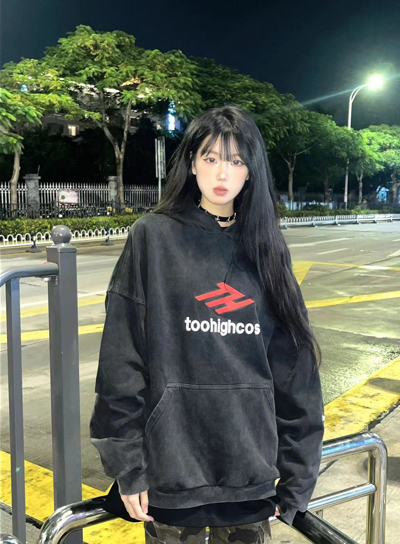 純棉華棉複合牛奶絲330克前後印花水洗做舊復古連帽衛衣女