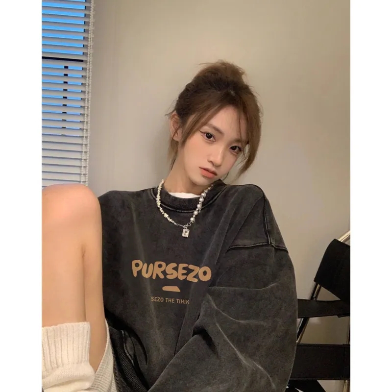 純棉華棉複合牛奶絲320克銀狐絨420克水洗做舊復古圓領衛衣女