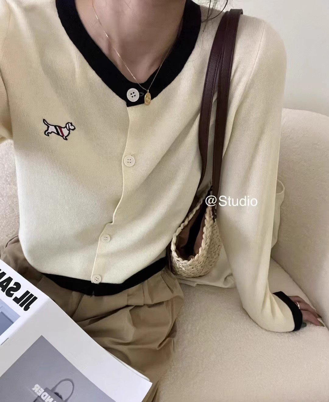 小眾韓版溫柔氣質小狗刺繡印花撞色針織開衫女秋長袖毛衣外套ins