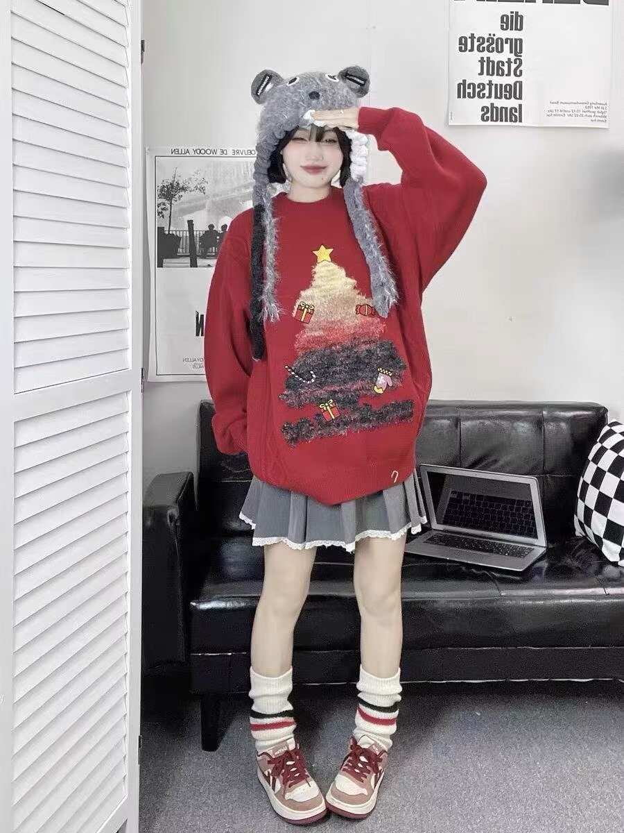 美式復古聖誕樹黑色毛衣女冬季新款慵懶風外套針織打底衫上衣