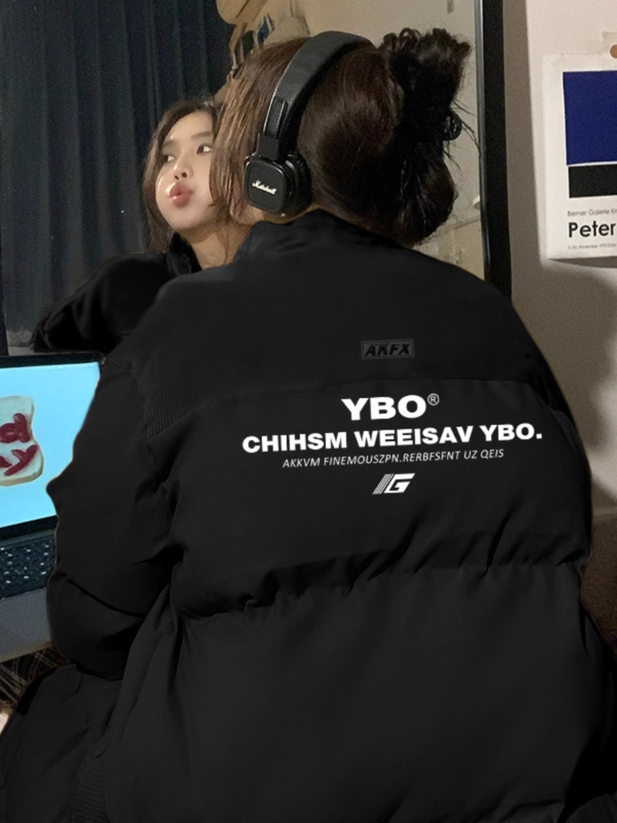 高品質手塞棉加厚冬季新款棉服寬鬆印花棉衣麵包服女
