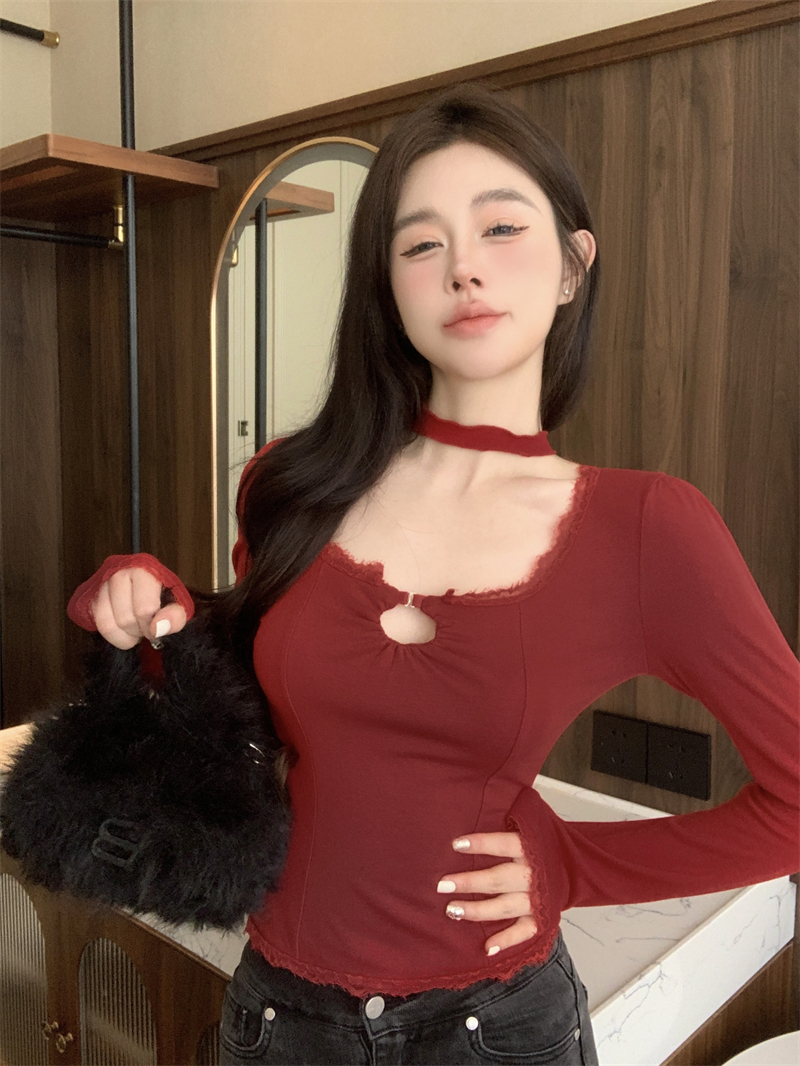實拍 純欲鏤空蕾絲邊小眾性感上衣