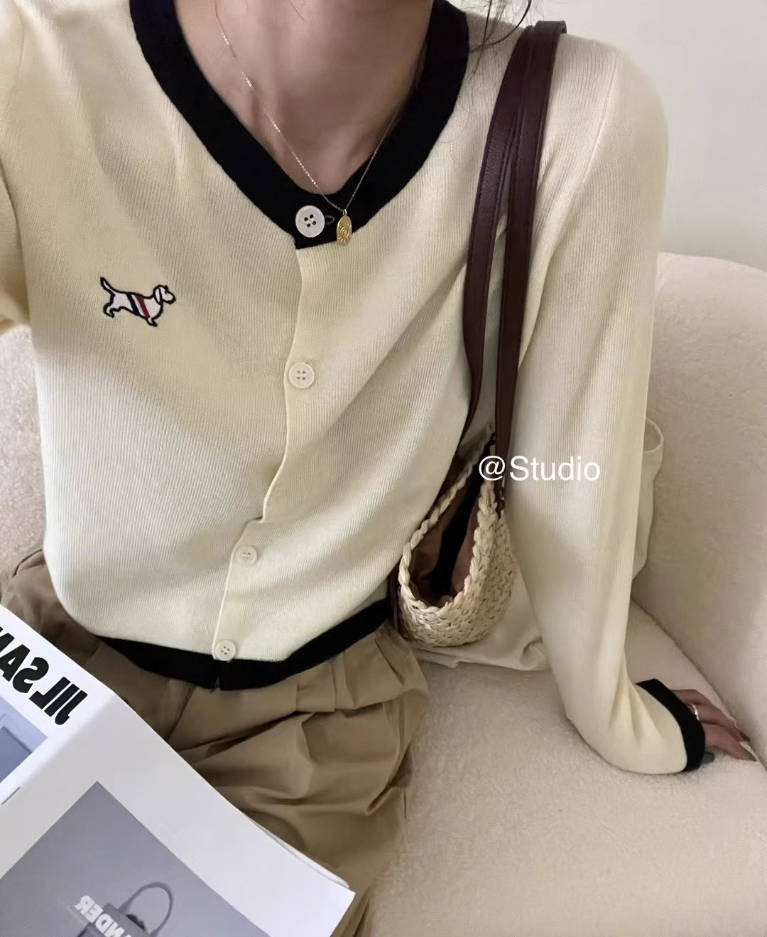 小眾韓版溫柔氣質小狗刺繡印花撞色針織開衫女秋長袖毛衣外套ins
