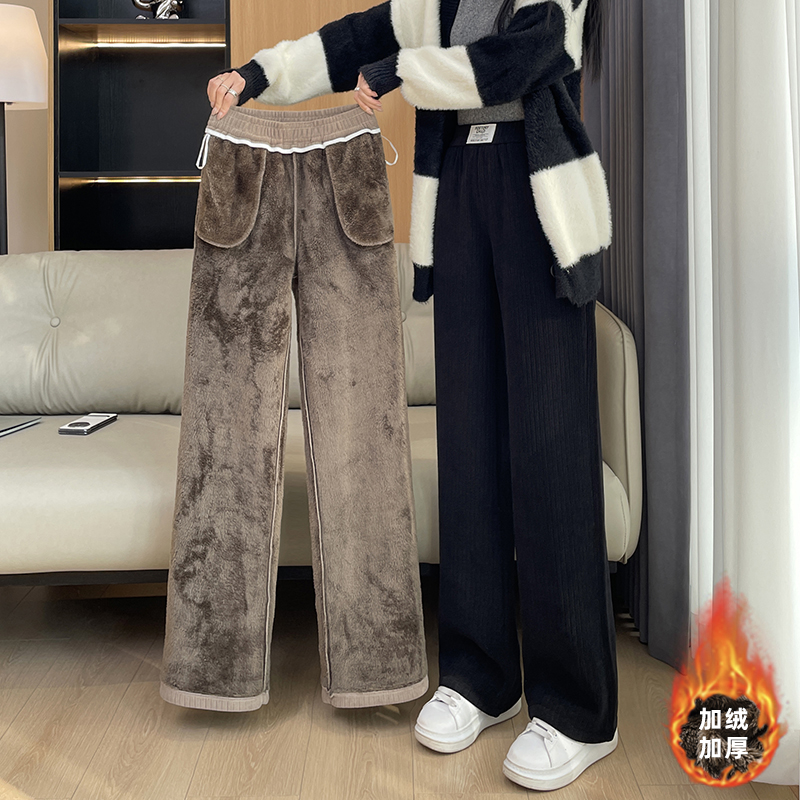 實拍#雪尼爾加絨闊腿褲女秋冬2023新款冬季加厚羊羔絨直筒休閒褲