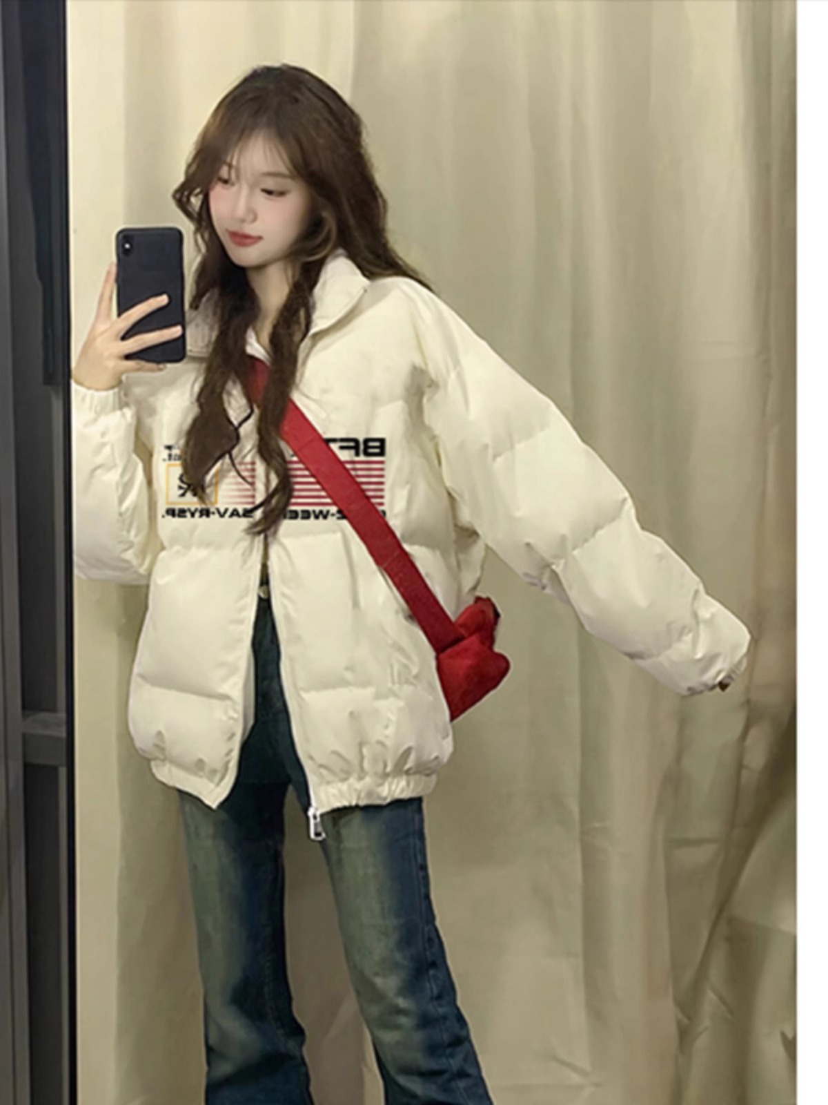 手塞棉棉服冬季新款寬鬆加厚棉衣麵包服印花外套女