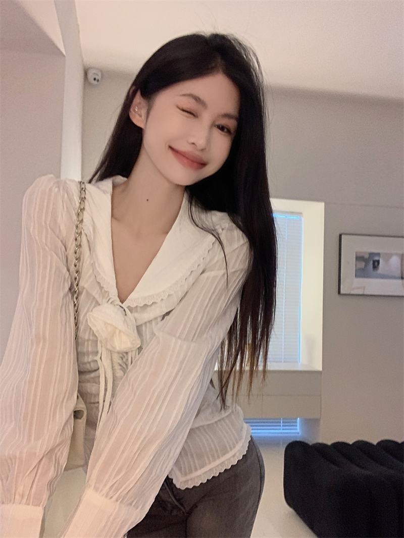 實拍 法式蕾絲拼接襯衣設計感修身顯瘦小眾長袖襯衣上衣