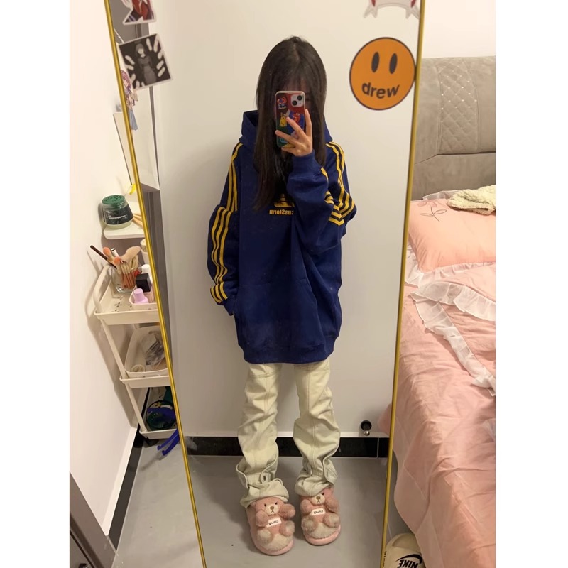 食毛華棉複合牛奶絲300克銀狐絨400克前 印花三條槓連帽衛衣女