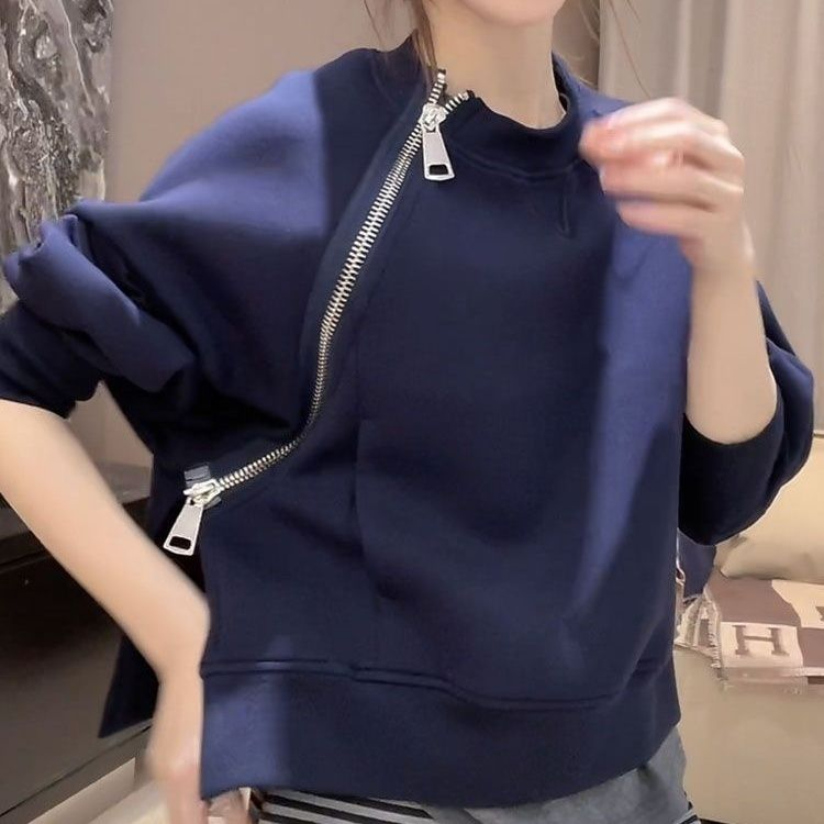 歐貨秋冬女裝新款設計感斜拉鏈時尚藍色衛衣百搭套頭小眾上衣外套