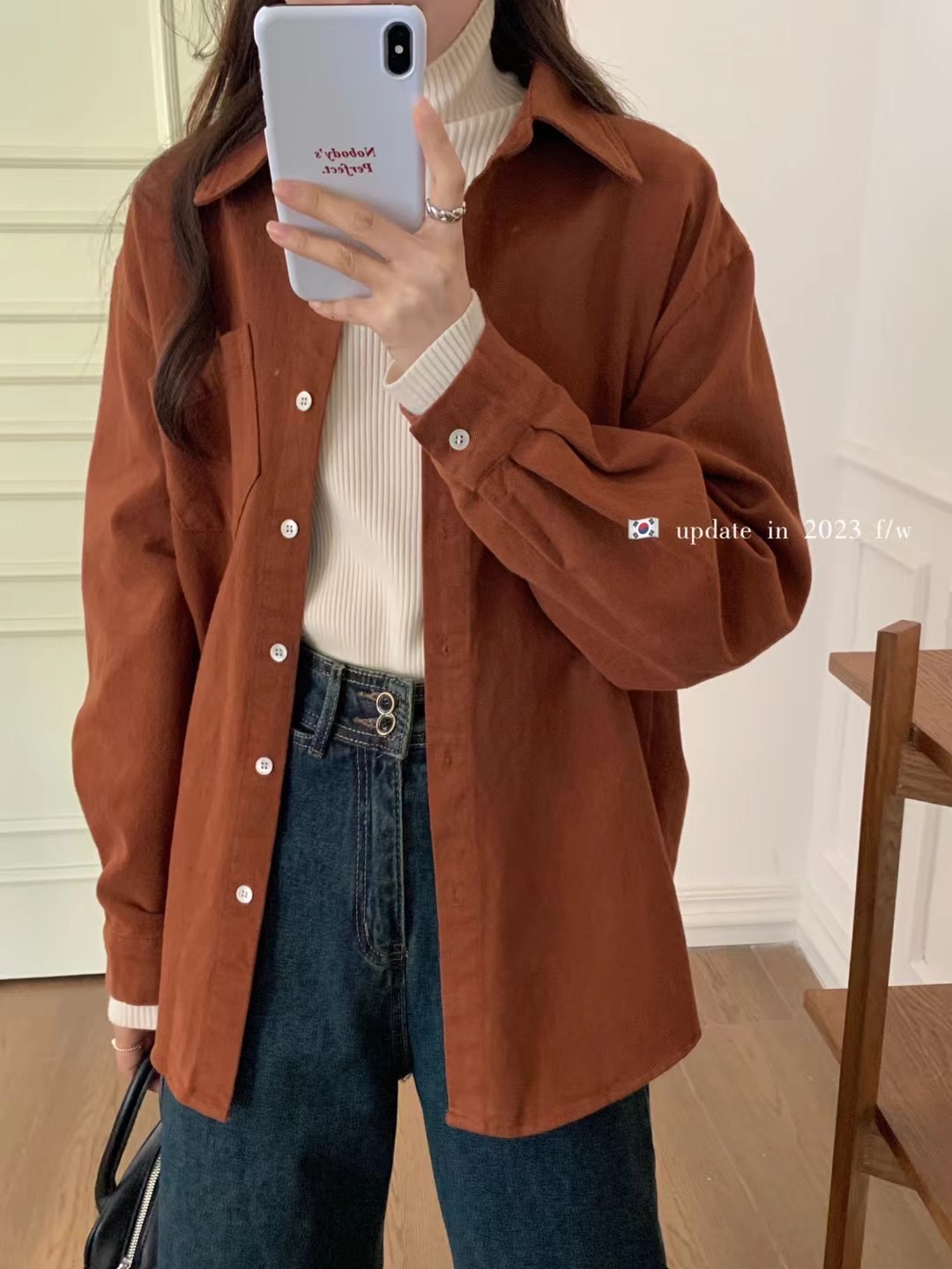 Actual shot~Korean style simple solid color corduroy cotton corduroy retro breasted buttoned lapel pocket shirt