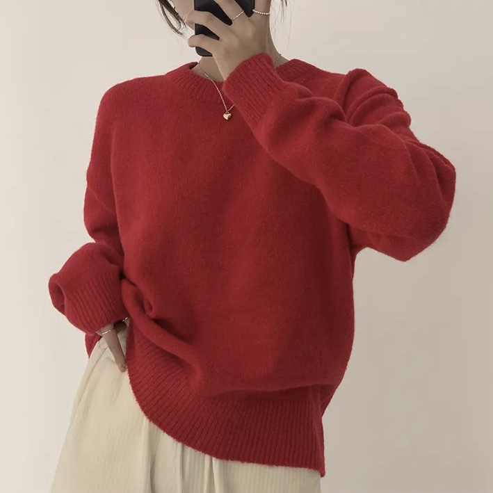 韓國chic秋冬聖誕新年紅毛衣圓領套頭純色簡約百搭針織衫